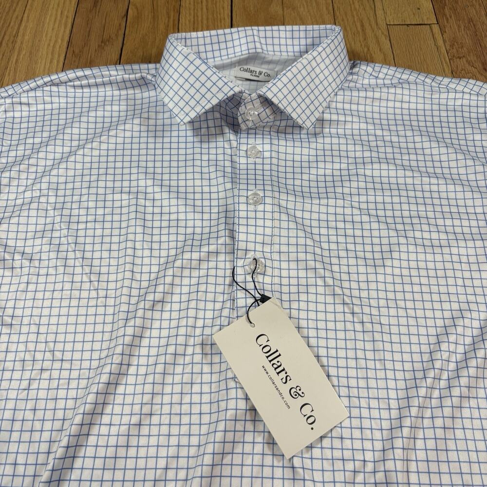 NWT Collars and Co Men’s Size XL Dress Collar Polo Shirt Blue White Grid Pattern